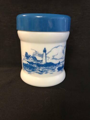 Primary image for Old Vintage Sea Lighthouse Scene Milk Glass Tobacco Humidor Canister Jar w Lid