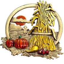 Vintage JJ Harvest Pumpkin Scarecrow Wheat Pin Brooch Fall Halloween Autumn - $19.79