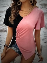 LUNE Women&#39;s V-Neck Colorblock Short Sleeve T-Shirt With Side Slit Hem - $25.10
