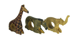 Scratch &amp; Dent Set of 3 Hand Carved African Wild Animal Napkin Rings - $24.74