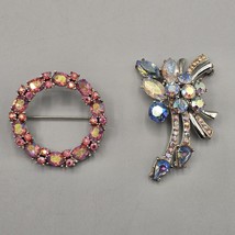 Vtg Dodds 11 W 30 St Aurora Borealis Brooch Pins (2) Pink Blue Silver Tone - $24.99