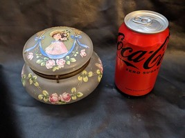 Victorian Hand Painted Lady Hat Flower Ribbon Satin Glass Powder Jar Hinged Lid - £409.53 GBP