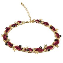 Star Charm Choker Black Rhinestones Red Velvet Gold Chain Intertwined 996550 - £19.54 GBP