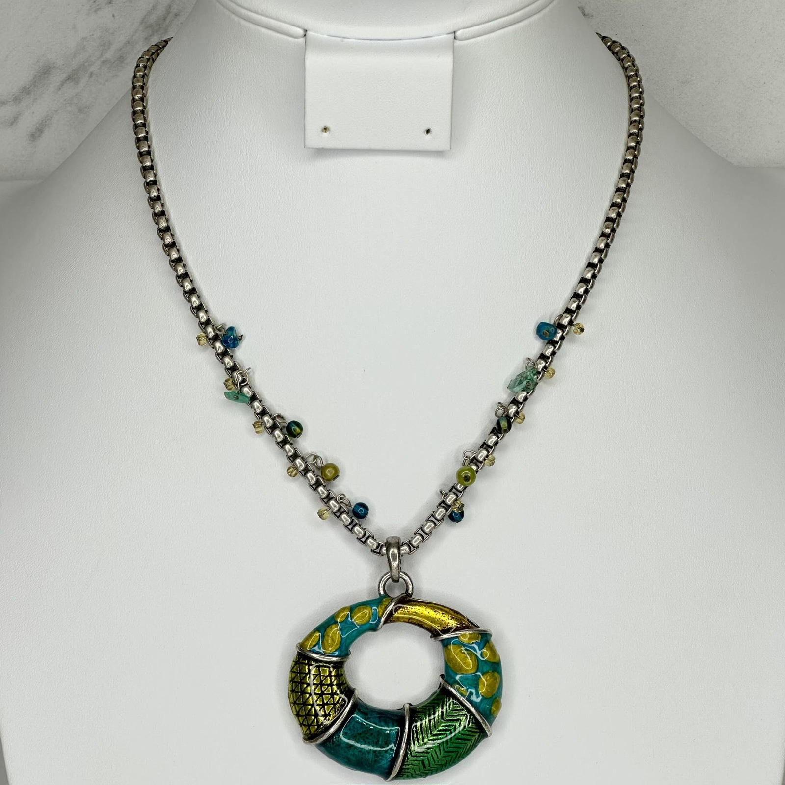 Chico's Blue and Green Pendant on Silver Tone Box Chain Necklace - $16.82