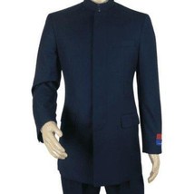 Men Apollo King Banded Collarless suit Mandarin 5 Hidden Button Panel AG52 Navy image 2