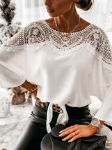 Women Summer 3/4 sleeves Crop Top Tie Front Crochet Embroidery Sexy Lace Stitchi - £15.18 GBP