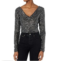 Guess Womens M Jet Black Multi Sequined V Neck Long Sleeve Crop Top NWT AN42 - £31.32 GBP
