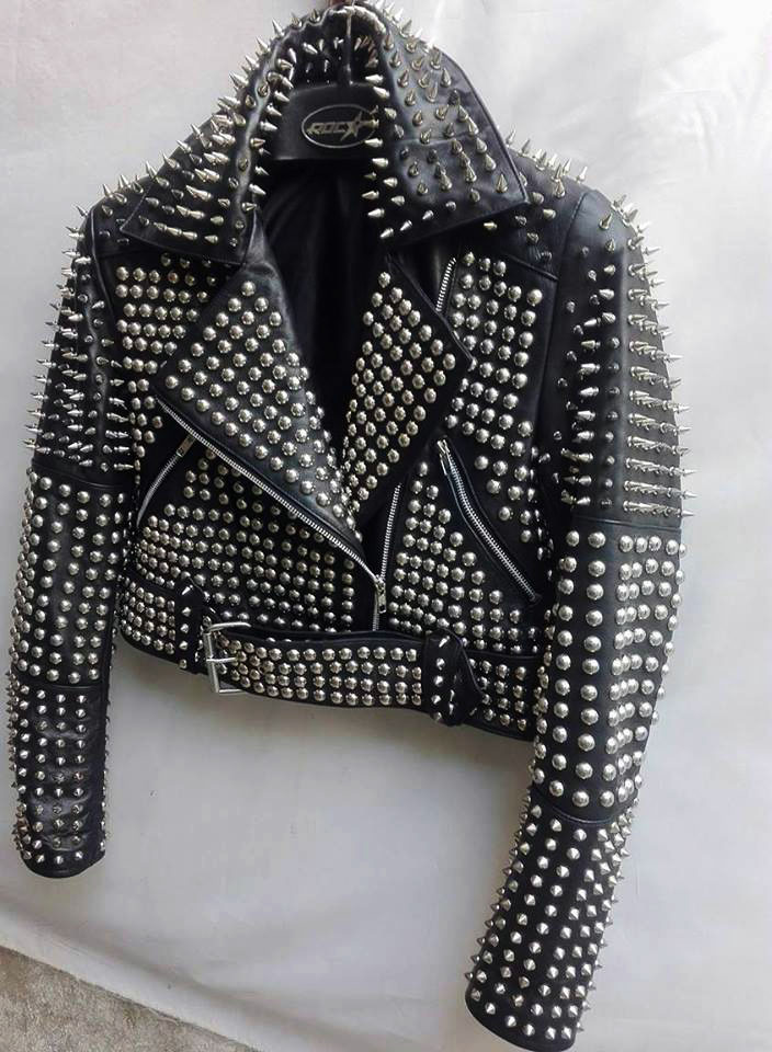 Made To Order Black Cropped Biker Full Punk Spiked Studded Real Leather Jacket