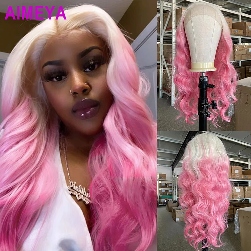 AIMEYA Ombre Pink Body Wave Lace Front Wigs for Women Middle Part Synthet - £56.05 GBP