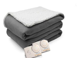 Biddeford Comfort Knit Natural Sherpa Electric Heated Blanket King Grey - £67.74 GBP