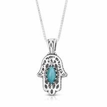 Hamsa Pendant with Against Evil Eye Blessing and Turquoise Stone Silver 925 - $87.12