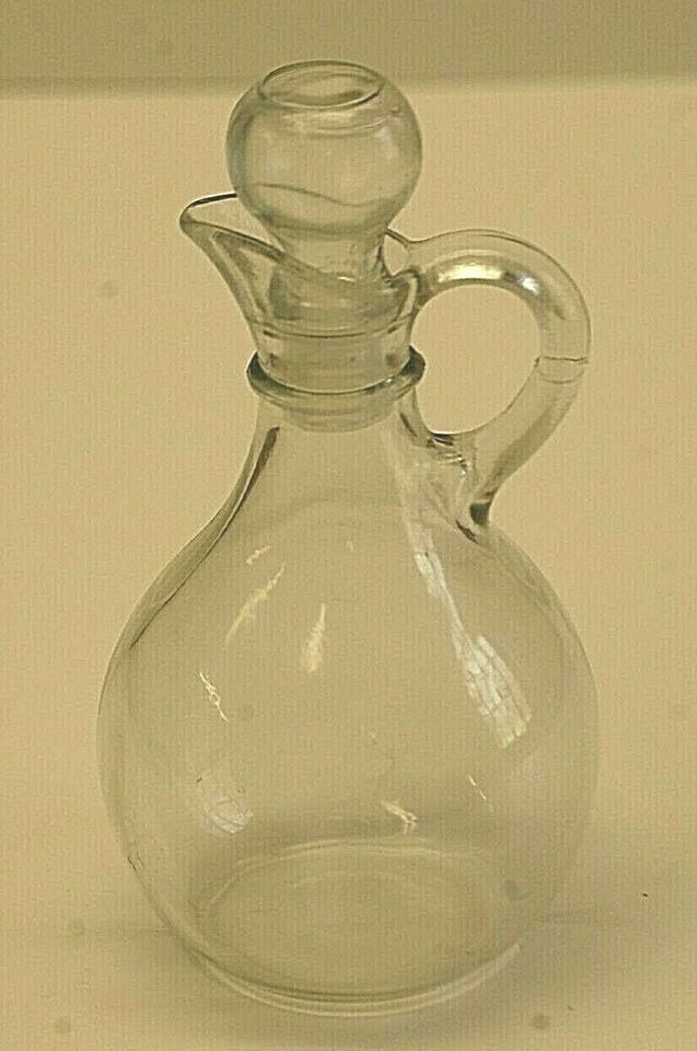 Primary image for Vinegar or Oil Cruet Clear Glass Bottle Round Stopper Vintage Glassware MCM