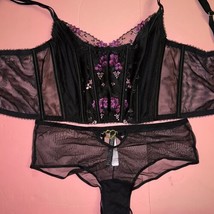 Victoria&#39;s Secret L,Xl 36C,38D Corset Top Bra Set Black Purple Floral Embroider - $89.09