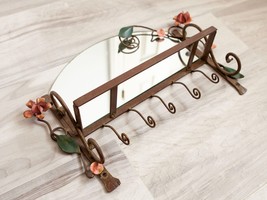 Fabulous Vintage Wrought Iron Painted Flowers Metal Shelf with Hooks and Mirror - £83.51 GBP