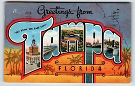 Greetings From Tampa Florida Large Letter Linen Postcard Kropp 1943 Army... - $12.35