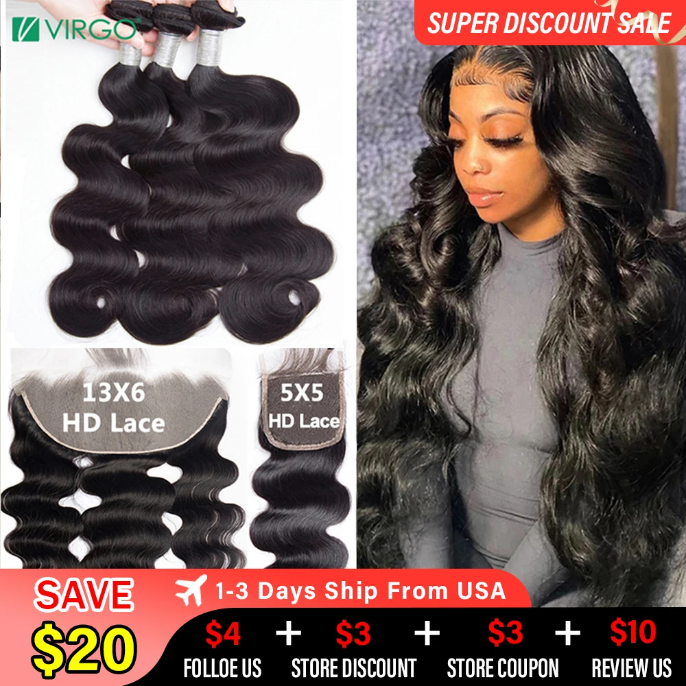 Virgo 30 Inch Body Wave Human Hair Bundles with Closure 13x6 hd Lace frontal - £95.78 GBP+