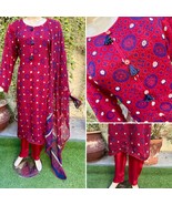 Pakistani Maroon Ajrak Printed Straight Shirt 3-PC Chiffon  Dress,M - $93.62 CAD