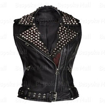 New Women&#39;s Black Silver Studded Brando Classic Cowhide Biker Leather Ve... - $229.99