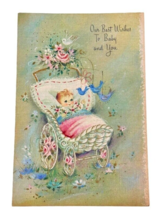 New Baby Girl Card 1950s Carriage Blue Birds Sunshine Card Vintage Ephem... - $5.84