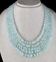 Natural Aquamarine Beads Carved 5 Line 873 Carats Ladies Gemstone Melon Necklace - £2,597.81 GBP