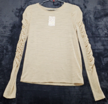 Free People Blouse Top Women Small Beige Ruched Polyester Long Sleeve Round Neck - £14.13 GBP