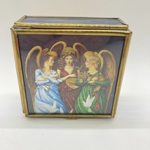 Enesco Foil Art Angel Trinket Jewelry 3&quot; Box Brass Glass Mirror Vintage 90s - £14.00 GBP
