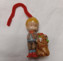 Vintage Ceramic Boy Holding Gift Bag w Teddy Bear Christmas Ornament - £6.22 GBP