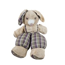 Merit Bunny Rabbit Plush Plastic Nose Eyes Plaid Overalls Vintage Stuffed Animal - £20.94 GBP