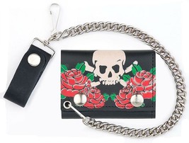 Skull And Cross Bones Roses Trifold Biker Wallet W Chain Mens Leather #570 New - £7.15 GBP