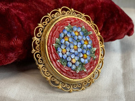 Vtg Micro Mosaic Pin Fashion Jewelry Italy Brooch Blue Flower Bouquet Round - £23.35 GBP