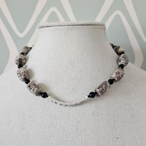 Pink Gray White Jasper Stone Beaded 17&quot; Necklace w/ Silvertone Slide - $20.73