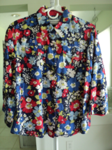 Alfred Dunner Size 10P Blue Red White Yellow Floral Blouse 3/4 Sleeve #7579 - £5.75 GBP