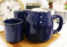 Navy Blue Contemporary Ceramic 20oz Tea Pot With 2 Cups And Bamboo Tray Set - £21.38 GBP