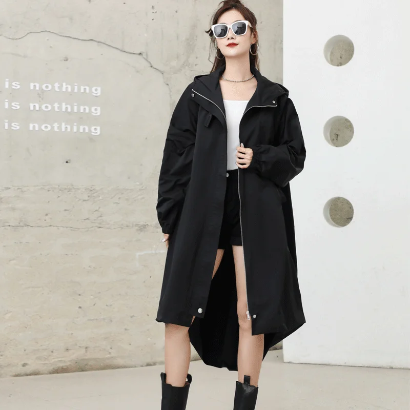 Vefadisa Women Long Sleeves Hooded Windbreaker Coat Loose Mid-length Solid Color - £336.16 GBP
