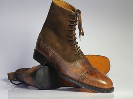 Handmade Men&#39;s Ankle High Brown Cap Toe Boots, Men Leather Suede Designe... - $159.99+