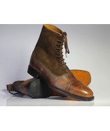 Handmade Men&#39;s Ankle High Brown Cap Toe Boots, Men Leather Suede Designe... - £127.86 GBP+