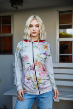 Women&#39;s Grey Pink Flower Print Contrast Double Hood Sweater - €14,73 EUR