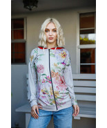 Women&#39;s Grey Pink Flower Print Contrast Double Hood Sweater - €14,73 EUR