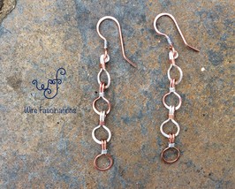 Handmade mixed metal long dangle earrings: hammered copper and silver links - £26.71 GBP