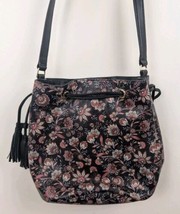 Talbots Leather Purse Navy Blue Pink Flowers Floral Bucket Bag 12x9x7&quot; (20) - £37.37 GBP