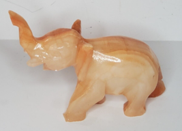 Hand Carved Elephant Peach Agate Botswana Onyx Trunk Up Stone Figurine Lucky Vtg - £15.75 GBP