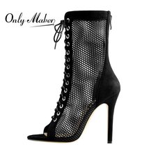 Onlymaker Women&#39;s Peep Toe Black Mesh  Lace Up Cut Out Open Toe Sexy Mid Calf Ba - £102.55 GBP