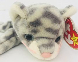 Ty Silver Cat Beanie Babies 9&quot; Date Of Birth February 11 1999 Grey Lying Down - £10.93 GBP