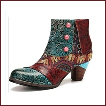  Boho Designed Multicolor Spliced PU Leather Zipper Block High Heel Ankle Boots image 1