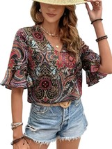 Floral &amp; Geometric Design V-Neck Ruffled Sleeve Bohemian Women Blouse (X... - $236.99 MXN