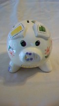 White Ceramic Glazed Piggy Bank with Flowers and Painted Designs - £27.97 GBP