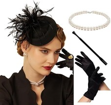Black 1920s Fascinator Vintage Feather Hat Earrings Necklace Gloves Set Kit - £13.15 GBP