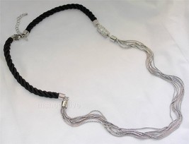 Chico&#39;s Long Necklace Twisted Black Cords Silver-Tone Chains and Crystals - £13.41 GBP