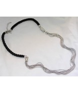 Chico&#39;s Long Necklace Twisted Black Cords Silver-Tone Chains and Crystals - £13.30 GBP
