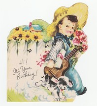 Vintage Birthday Card Boy with Dog and Guitar Doehla Fine Arts 1950&#39;s - £8.39 GBP